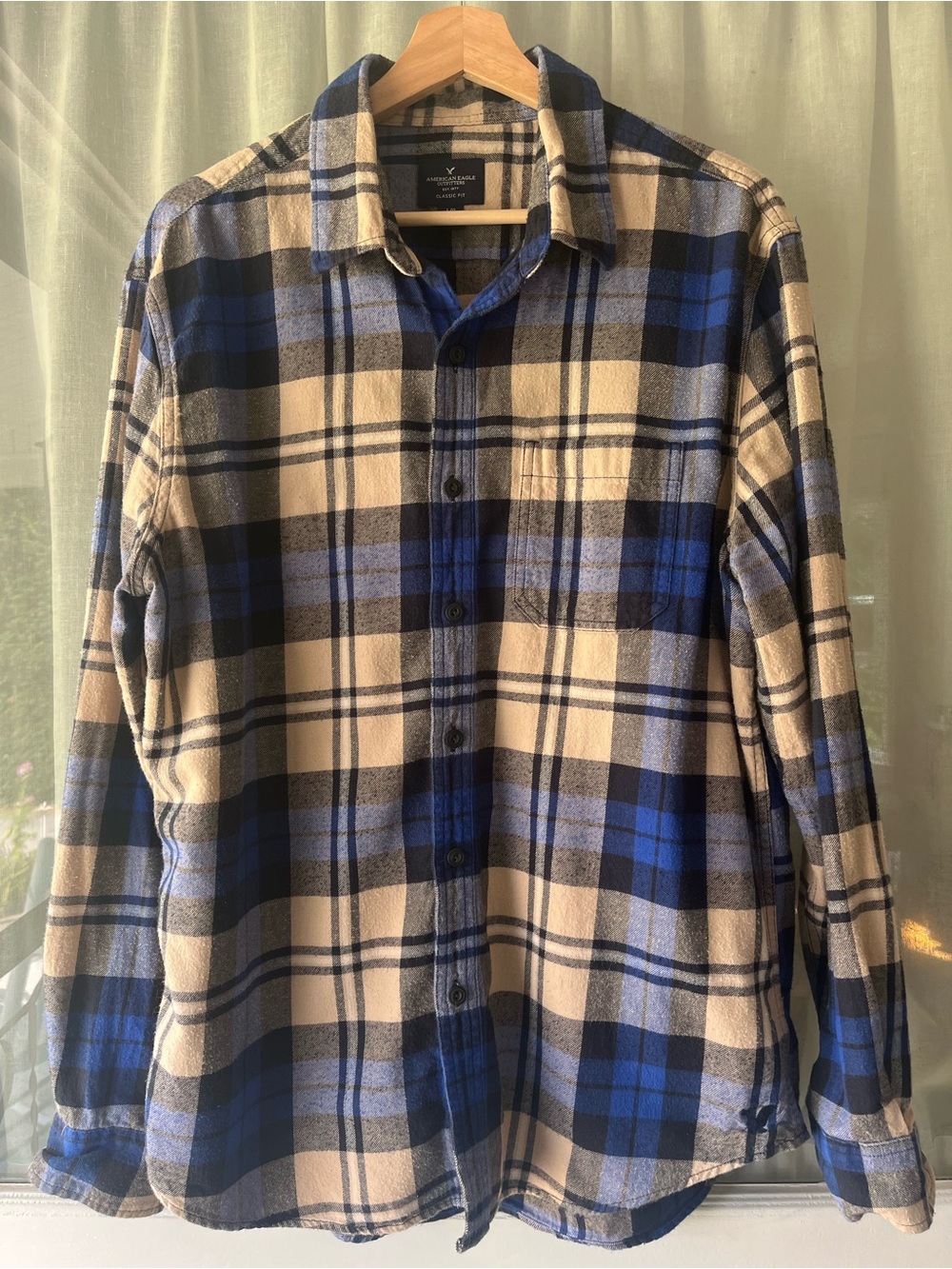 American Eagle Outfitters Blue and Beige Plaid Button-Down Shirt